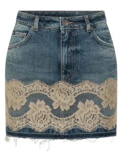 Denim Skirt with Five Pockets and Lace Insert