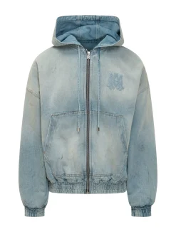 Felpa Denim Zip con Cappuccio e Tasche a Marsupio