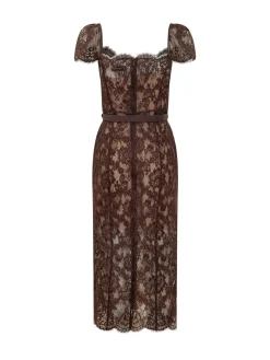 Floral Lace Midi Dress with Belt