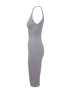 Knit Dress with V Neck and Neck Detail