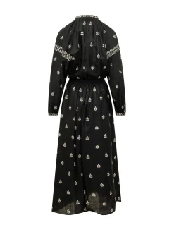 Long Embroidered Dress with Gathered Waist