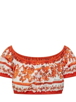 Maiolica Print Cropped Top with Gathered Neckline