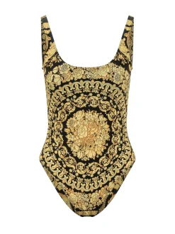 One Piece Swimsuit with Straps and Ornamental Print