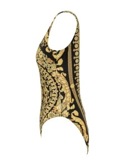 One Piece Swimsuit with Straps and Ornamental Print