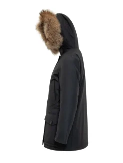 Woolrich black parka with fur hood and buttons